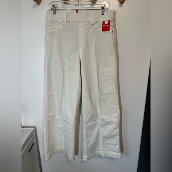 NWT New $128 SPANX SEAMED FRONT WIDE LEG Jeans-Ecru Ivory-20465Q Size XL Petite - Picture 1 of 5